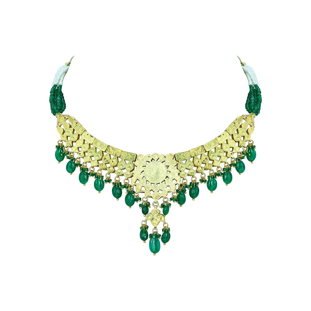 Polki Diamond Necklace with Captivating Design and Emerald Drops